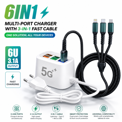 6-in-1 Charging Solution: 6U Multi-Port Charger with 3-in-1 Fast Cable